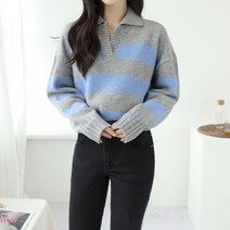 제니트 새미크롭 카라넥 단가라 스트라이프 여성 울 니트 온제카라단