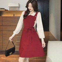 원피스 셔츠 레이어드 스타일 화이트 배색 여성 데님 정장 룩 상견례 레이스 라인 봄 스퀘어넥 롱 미니 니트 쉬폰 하객 여자