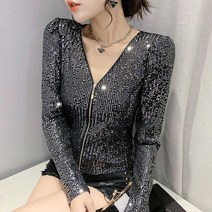 스팽글 블라우스 레이스 파티 댄스복넥 긴팔 지퍼 카디건 여성 봄과 슬림 바닥 셔츠 탑