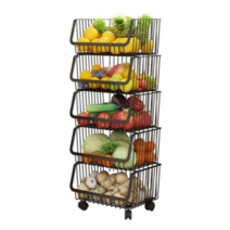 꿀물리빙 이동식 바퀴 주방정리선반 베란다 과일 야채보관선반 스토커 만능 주방수납바구니, 1단, 블랙