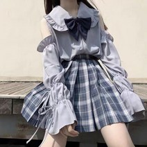 퍼프 스트링 벌룬소매 오픈 숄더 블라우스 레이스 터틀넥 여행 앞셔링 와일드 체크패턴 카키