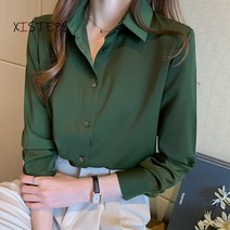 새틴 전문 정장 셔츠 블라우스 여성 2021 긴 소매 셔츠 사무 작업복 탑스 세련된 숙녀 의류 녹색 블라우스