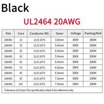 5M UL2464 30 28 26 24 22 20AWG 전선 케이블 채널 라인 2 3 4 5 6 7 8 9 10 코어 PVC 절연 구리 전력선, Black 20AWG_5 Meters | 10 core