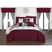 Chic Home BCS06738-AN Emily 20피스 이불 세트 컬러 블록 플로럴 자수 백 침구 킹 버건디