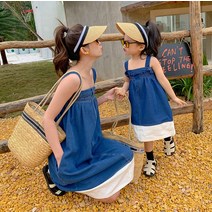 데님 청 엄마 딸 모녀 커플 패밀리 시밀러 원피스 쉬폰 나시 리본 프릴 임산부 임부복 여름 여행 바캉스