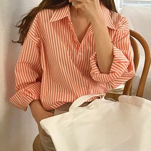 체리블라썸 여성 오버핏 데일리 카라넥 컬러 스트라이프 기본 셔츠