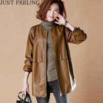 JUST FEEL!NG 40대50대 여성 PU자켓 라운드넥 하프 인조 가죽자켓 재킷