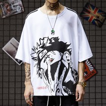 [신] 여름 나루토 반팔 티셔츠 남성 트렌드 한국판 루즈한 반팔 남성 반팔 옷 Uchiha Family Prted Front [Black] M