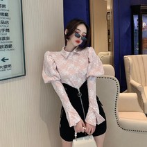 빈티지 루즈핏 벌룬 셔츠 하이웨이스트 스트랩 집업 소 세트 플리츠 스커트 여성 블라우스 라운드 원피스 치마