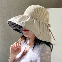 에이치플러스몰 은창)블랙 웨이브 암막 밀짚 리본 선캡 썬캡 모자