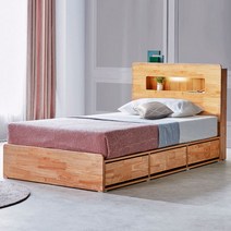 고무나무 원목 벙커 서랍 수납 침대 프레임 LED 조명 헤드 SS