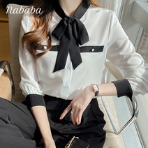 나바바 NB983 여성 러블리 흑백 리본넥 쉬폰 블라우스
