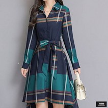 가바바 여성 셔츠원피스 시크한 스타일 배색 체크 언발밑단 카라넥 롱원피스 G53859