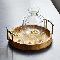 일본식 그리스탈 유리 사케잔 도쿠리 사케병 술잔, 단일사이즈, 1포트1통4컵+원형쟁반