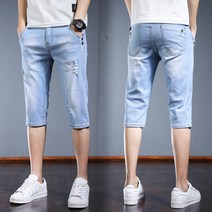 여름 남성복 얇은 캐주얼 7부 팬츠 남성복 코디 청바지 미디엄 팬츠