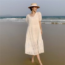 여름 여성 루즈핏 자수 펀칭 퍼프소매 화이트 이지웨어 원피스