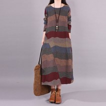 가을옷 문예범 기질 프린트 라운드 긴팔 캐주얼 루즈한 면마 원피스녀