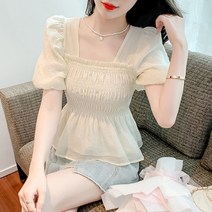 블라우스 프렌치 스퀘어넥 반팔 뱃살 커버 셔츠