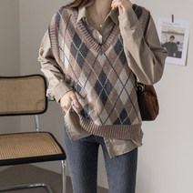 바이단미 여성용 램스울 브이넥 베스트 램스울 아가일 조끼