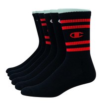 Champion 더블 드라이 모이스처 위킹 챔피언 로고 6 또는 12팩 크루 양말 블랙 앵클 C (6팩), 6-12, Black With Stripes (6 Pack)