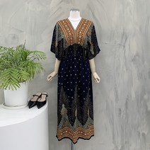 [신상무배]에스닉 깃털 브이넥 가오리 롱 원피스