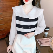 여자 스트라이프셔츠 줄무늬 가로 세로 셔츠 출근룩 데일리룩 초가을 여성용 니트 패치 워크 인형 칼라 쉬폰 셔츠 2023 새로운 긴팔 스트라이프 프렌치 탑