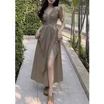 [썸머여행/바캉스룩!!] 여름 브이넥 단추 슬림 A라인 스커트 루즈 허리잘록 밑단 트임 롱 원피스