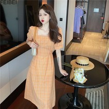 FEIBEI여름 프렌치 빈티지 스커트 기품 네모난 칼라 롱 스커트 허리 반팔 체크 원피스 여자W014