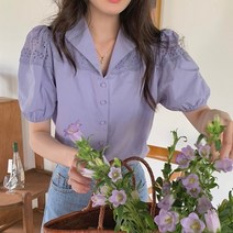 데온 봄 여름 레이스 퍼프 반팔 카라 셔츠 블라우스 보라색 화이트 하객룩 데이트룩 데일리룩 블라우스 44 66사이즈 20대 30대여성쇼핑몰 르뚜앙