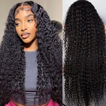 [레브] 인모 연습용 가발 kinky curly human hair wig 느슨한 deep wave wig transparent lace frontal wig for hair, 30인치, 180