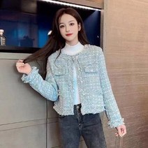 위위브렌 여성용 트위드 진주 단추 트랜드 숏 재킷