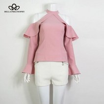 프릴 레이스 블라우스 러플 벨라 철학 봄 홀터넥 오프숄더 플레어 소매 쉬폰 여성 셔츠