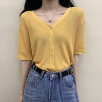 스타일아유 여성 여름 예술핏 골지 슬림 반팔가디건 라운드넥 크롭반팔티 니트 숏 카디건 단추 티셔츠