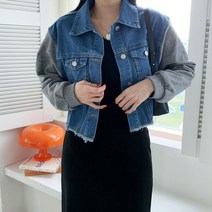 오슈 여성 캐주얼 빈티지 배색 컷팅 꾸안꾸 크롭 데님 청자켓