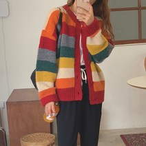 간절기여성 오버핏 배색 박시 롱맨투맨티 가디건