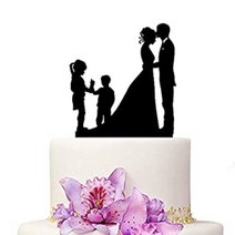 YAMI COCU Wedding Cake Topper - Bride and Groom With 2 Children Family Black Color Acrylic Silhouett, 1