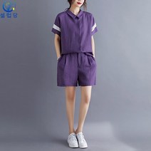 셀럽당 빅 사이즈 여 루즈핏 반팔 얇은 셔츠 세트 솔리드 얇은 면 린넨 5부 반바지 캐주얼 투피스