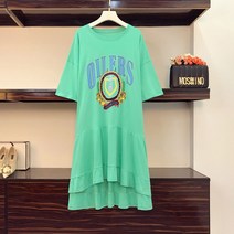 L-4XL 그린 롱 프릴원피스 형 여성용 여름 한국어 버전 지방 mm 얇고 느슨한 한국식 게으른 스타일의 티셔츠 드레스 8361