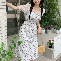 ANYOU 여성 플라워 스퀘어넥 퍼프 원피스 여름 원피스