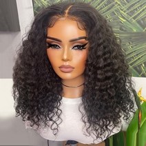 [레브] 인모 연습용 가발 jerry curl 밥 가발 human hair wigs brazilian deep wave frontal wig short wigs human, 14인치, 180, 13x4 레이스 프런트 가발
