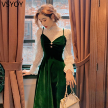 vsyoy 새로운 레이스 백킹 셔츠 허리 스키니 다크 그린 벨벳 슬링 드레스 겨울 정장 여성용 겨울 드레스