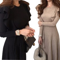 chic 가을 겨울 긴팔 롱 니트 원피스 허리 여밈 프릴 원피스