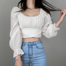 스퀘어넥 퍼프 리본 셔링 튤립 밴딩 오프숄더 허리리본 무지 크롭 블라우스 데이트룩 페미닌 청순 스트랩 여신 공주풍