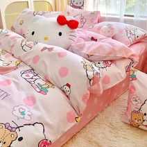 Sanrio 헬로키티 만화 어린이 면화 4 피스 세트 여학생 침대 시트 이불 커버 베개 케이스, [06] B-1.8m bed, [12] HelloKitty-L
