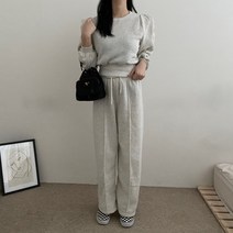 VANANA2 여성용 캐주얼 어깨 벌룬 퍼프 기모 무지 심플 맨투맨 트레이닝 상하의 투피스 세트