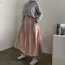 [비비애르] 링클 코튼 밴딩 플레어 A라인 롱 스커트 풍성한 셔링 햅번sk 편한치마 데일리룩 봄스커트