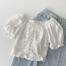 망고베이비 여름 퍼플 소매 프렌치 블라우스 벨티드 프릴 셔츠