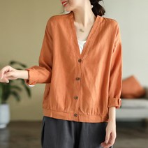 여성가디건 가을 100수 샌드 워싱 퓨어 린넨 긴팔 반코트 캐주얼 브이넥 상의 카디건
