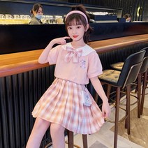 CIUUC 큰 아이들을위한 소녀 짧은 소매 정장 한국 그물 빨간 소녀 JK 주름 공주 스커트 여름 유행 투피스 아동복