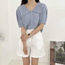 잇츠심플 여성용 반오픈 뜨개 카라 반팔 니트